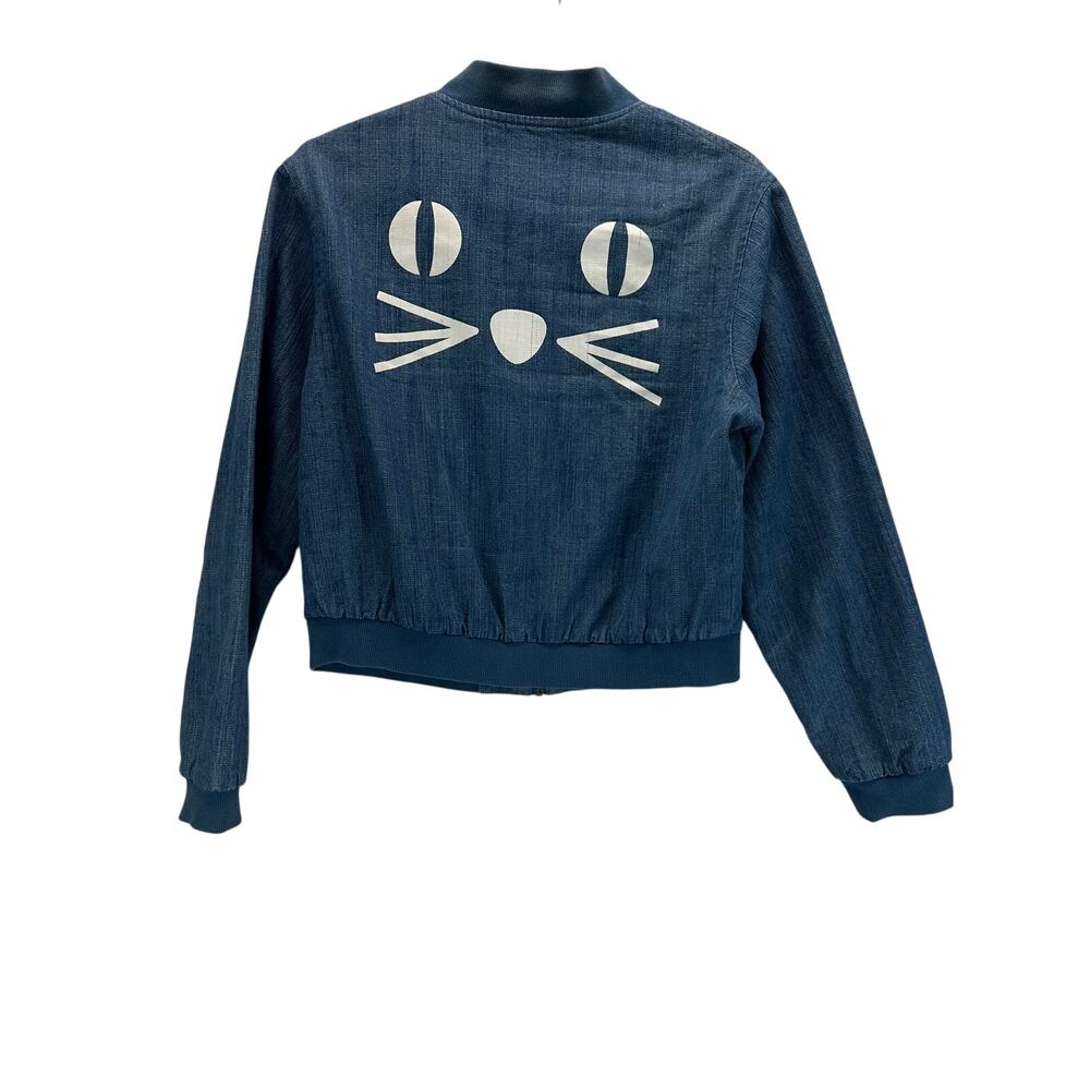 Pepaloves Denim Bomber Jacket Full Zip Whimsical Cat Face Graphic L